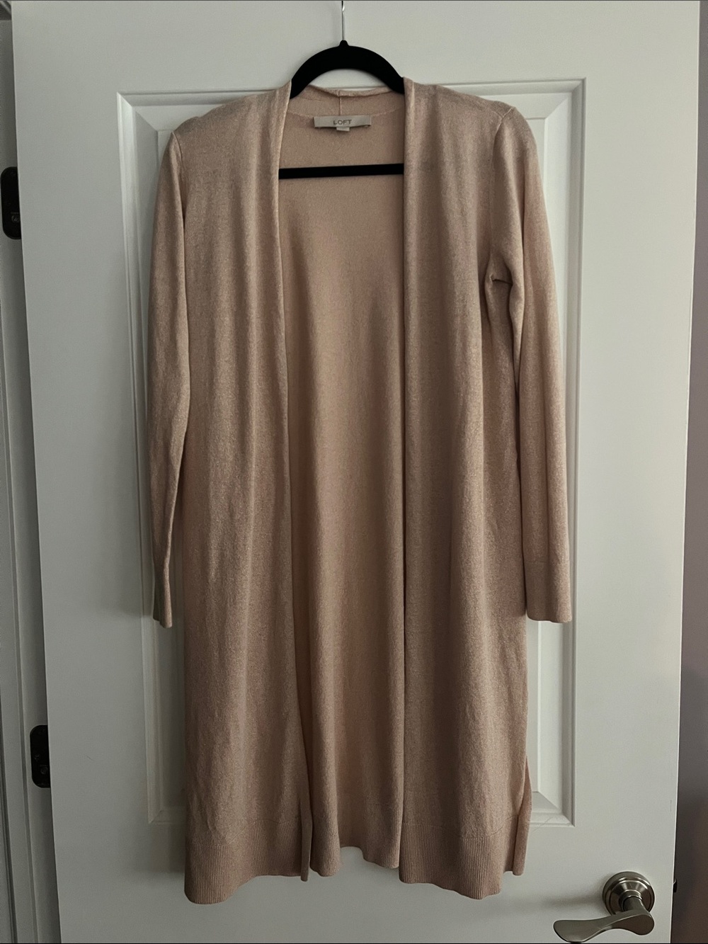 LOFT Long Open-Front Cardigan in Sparkly Pale Blush